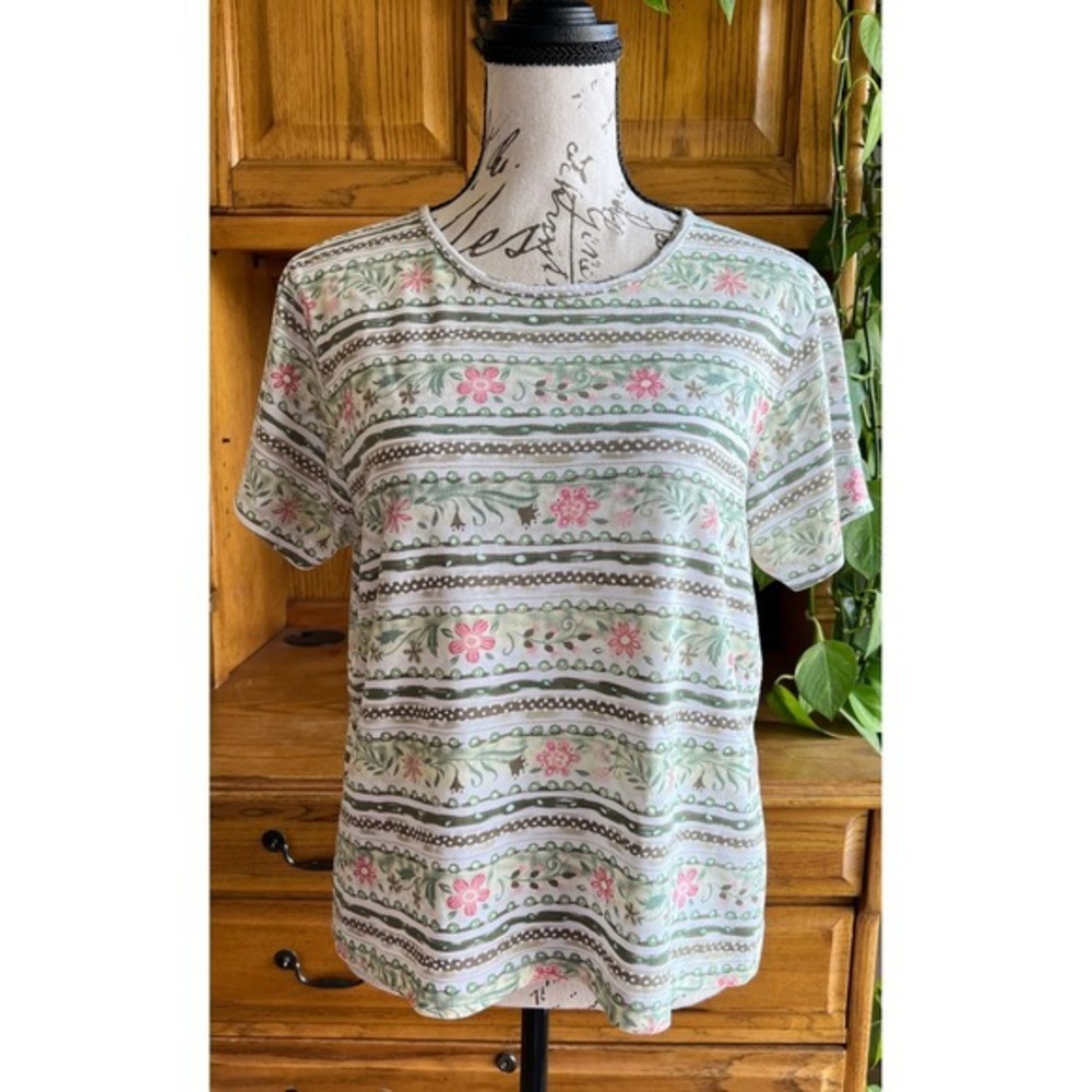 Shenanigans Vintage Floral Striped Short Sleeve T-Shirt Cottagecore Medium